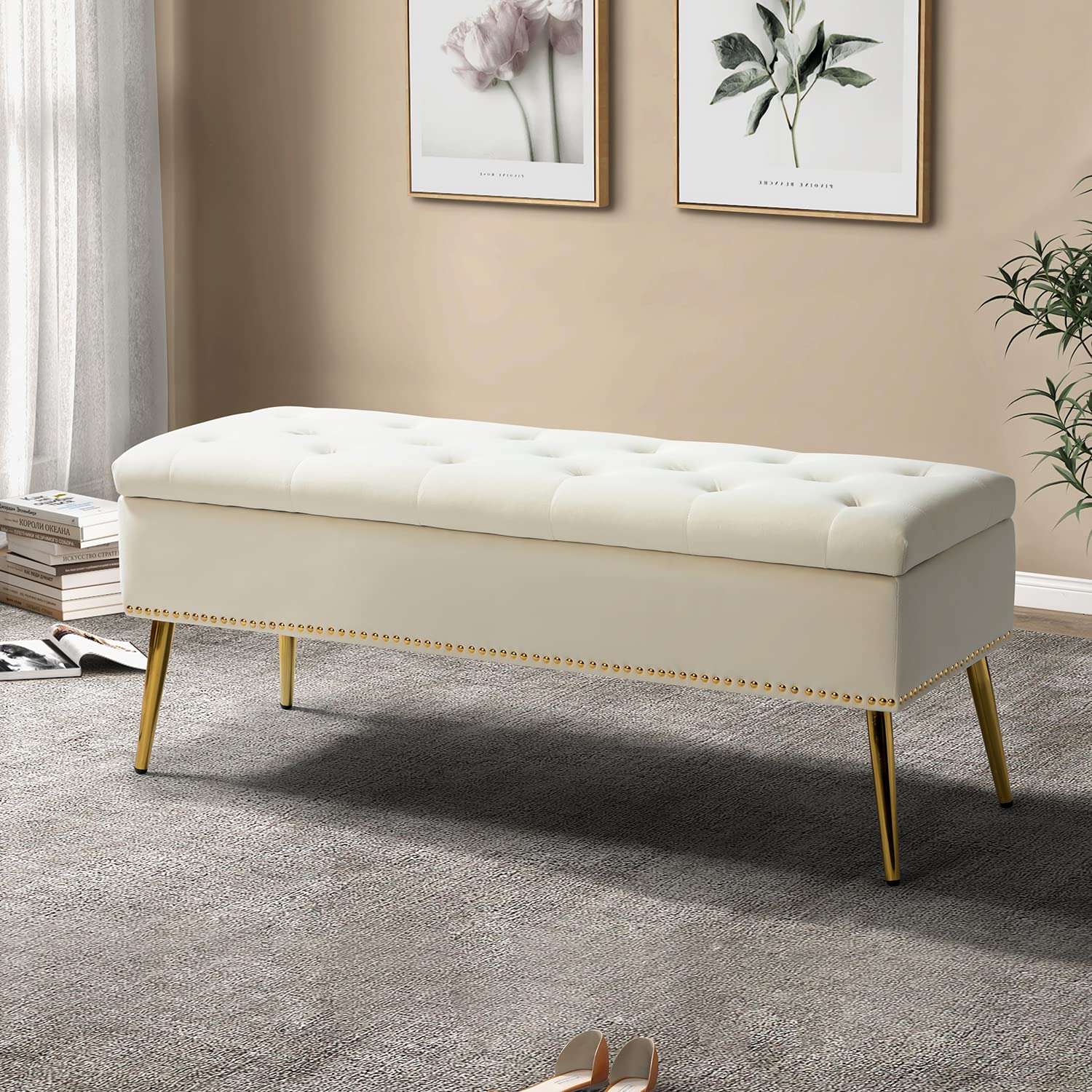 HULALA HOME Modern Velvet Storage Ottoman Bench with Gold Base & Nailhead Trim, Upholstered Bedroom Bench for End of Bed, Button-Tufted Footstool for Entryway Living Room Dining Room, Ivory