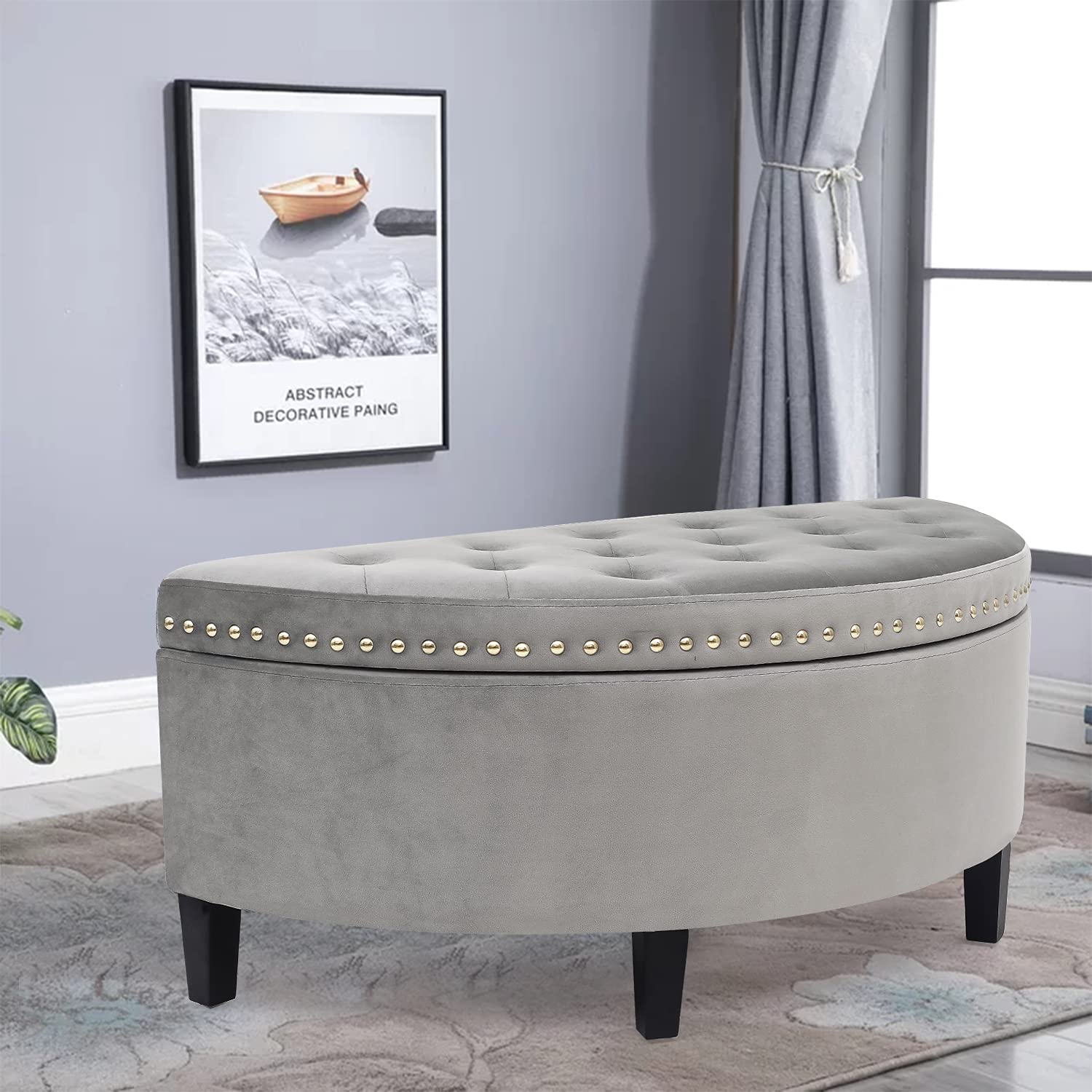 Adeco Half Moon Storage Ottoman, Velvet Upholstered Button Tufted Entryway Bench with Nailhead Trim, Footrest Stool Coffee Table for Bedroom Living Room