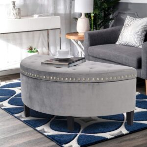 Adeco Half Moon Storage Ottoman, Velvet Upholstered Button Tufted Entryway Bench with Nailhead Trim, Footrest Stool Coffee Table for Bedroom Living Room