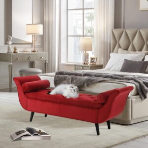 RXRRXY Velvet Storage Bench for Bedroom,Eed of Bed Bench with Ottoman, Button Tufted King Size Upholstered Benches with Armrest and 4 Sturdy Wooden Legs for Entryway, Living Room (Red)