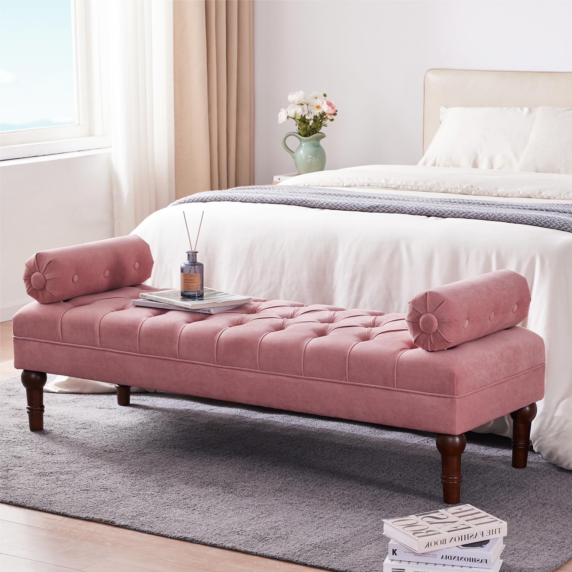 Batohom 60.2" End of Bed Bench,Large Size Bedroom Bench,Upholstered Window Bench with Button-Tufted,Entryway Bench,Storage Bench for Living Room(Pink)