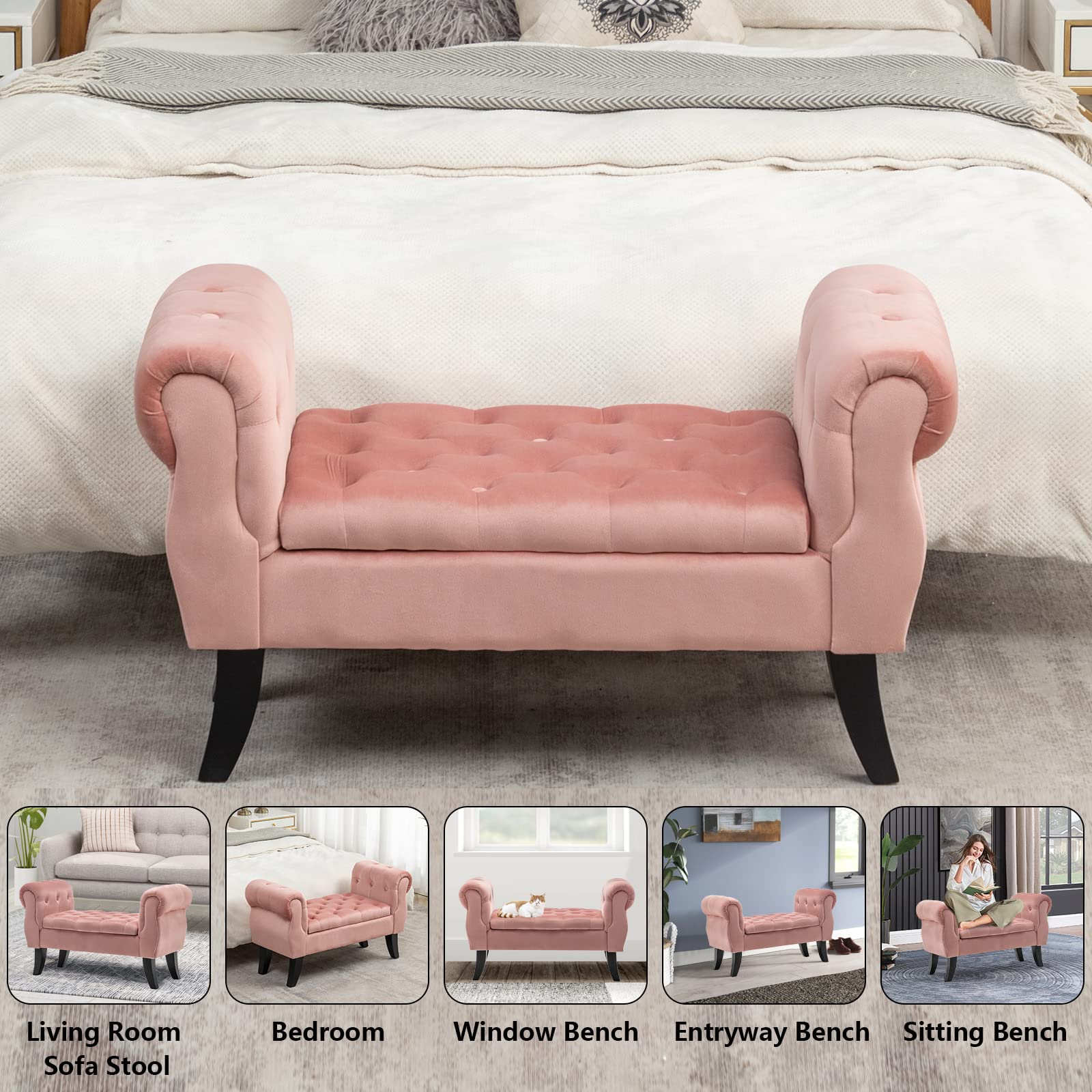 Setawix Rolled Arm Bed Bench with Storage Velvet Cushioned Bedroom Ottoman Benches End of Bed,Armed Entryway Window Seating Bench with Solid Wood Legs,Button Tufted (Pink)