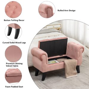 Setawix Rolled Arm Bed Bench with Storage Velvet Cushioned Bedroom Ottoman Benches End of Bed,Armed Entryway Window Seating Bench with Solid Wood Legs,Button Tufted (Pink)