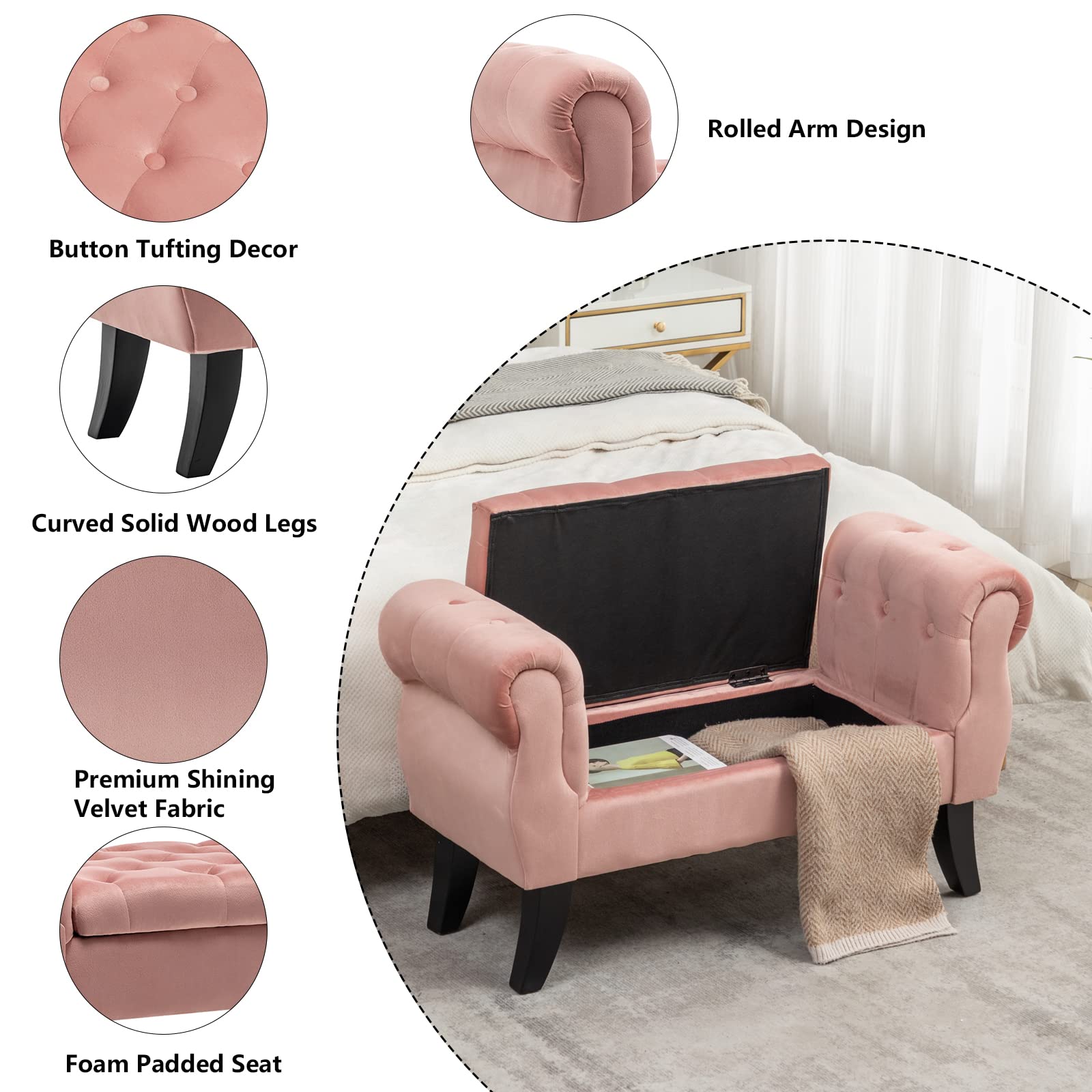 Setawix Rolled Arm Bed Bench with Storage Velvet Cushioned Bedroom Ottoman Benches End of Bed,Armed Entryway Window Seating Bench with Solid Wood Legs,Button Tufted (Pink)