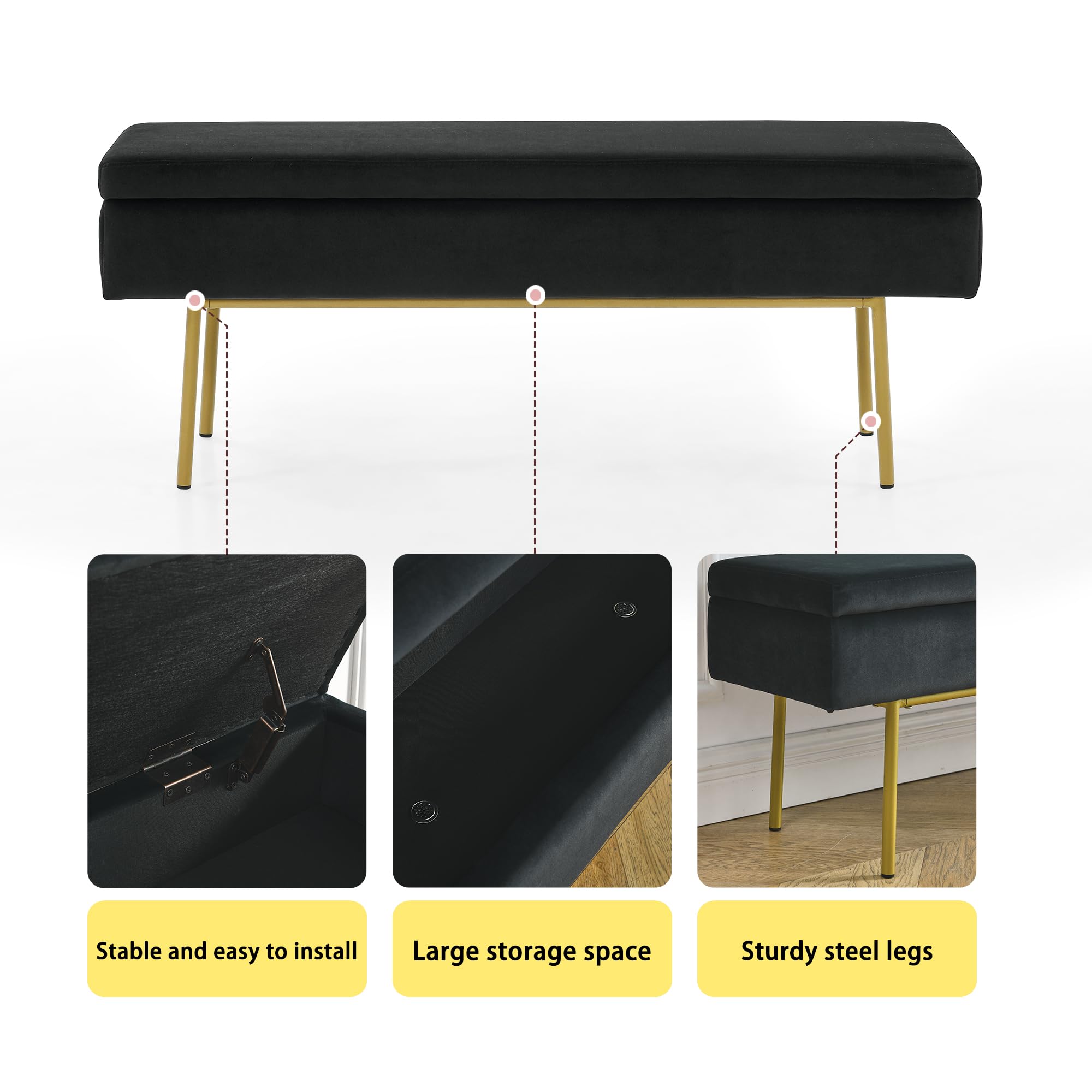 ECLYL Velvet Upholstered Bench, 45‘’ End of Bed Bench, Modern Ottoman Bench with Metal Legs for Living Room, Entryway, Dining Room (Black Gold)