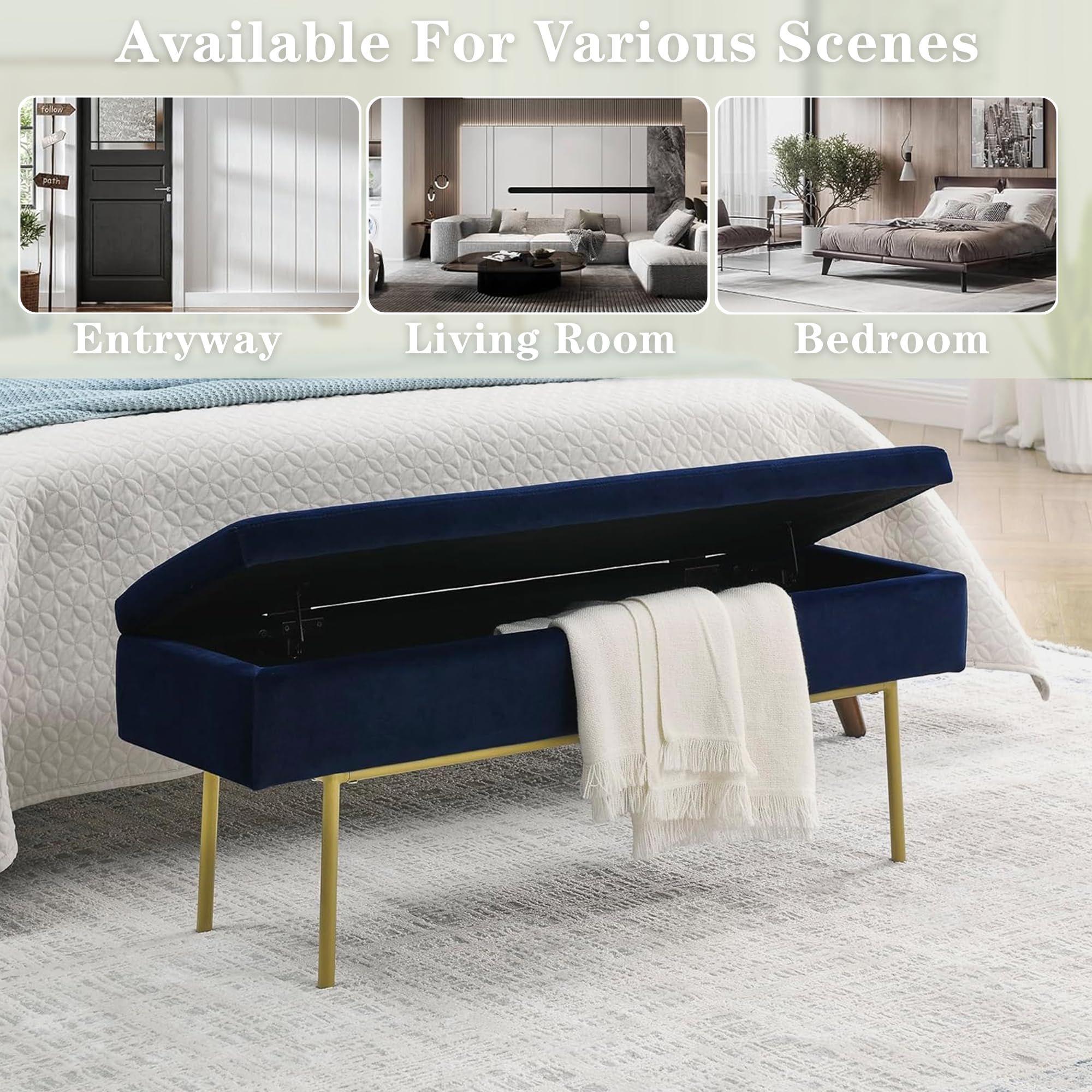 ECLYL Velvet Upholstered Bench, 45‘’ End of Bed Bench, Modern Ottoman Bench with Metal Legs for Living Room, Entryway, Dining Room (Black Gold)