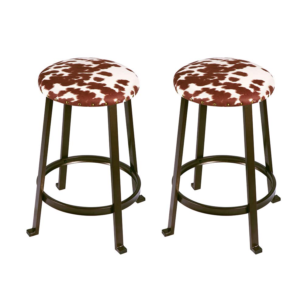 GIA 24-Inch Counter Height Round Metal Bar Stools with Shorthorn Cowhide Print Linen Upholstery, Bronze, Set of 2