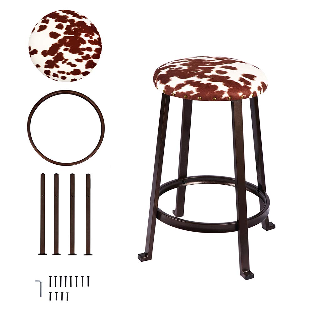 GIA 24-Inch Counter Height Round Metal Bar Stools with Shorthorn Cowhide Print Linen Upholstery, Bronze, Set of 2