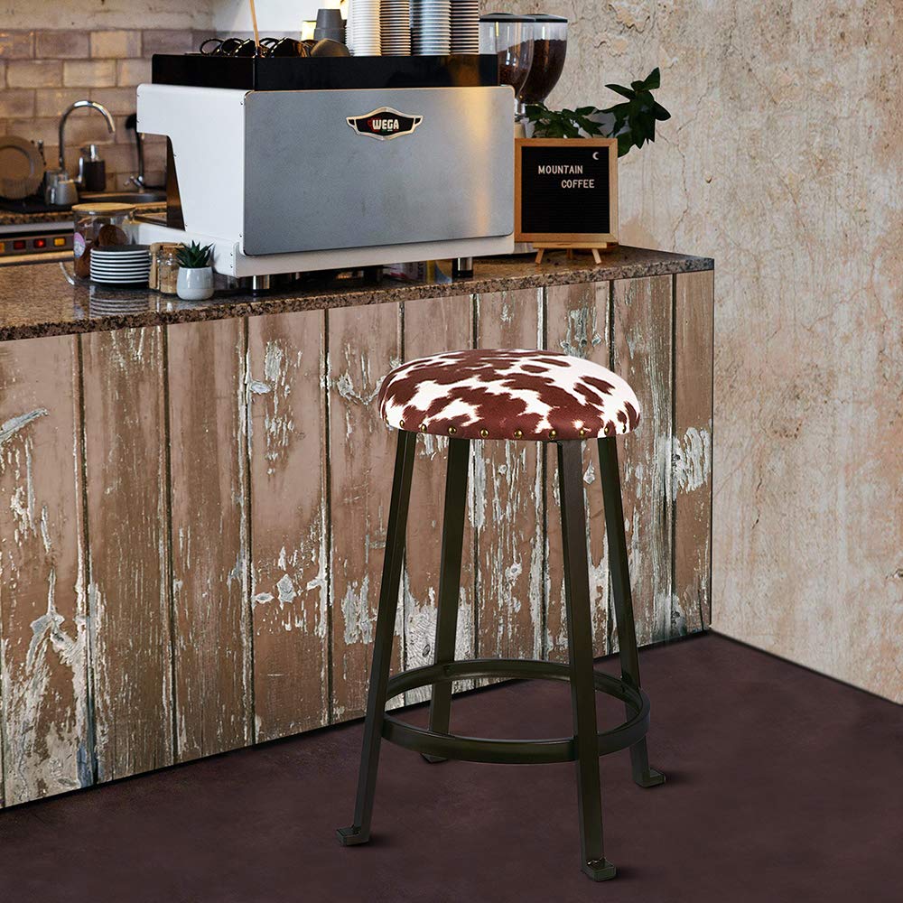 GIA 24-Inch Counter Height Round Metal Bar Stools with Shorthorn Cowhide Print Linen Upholstery, Bronze, Set of 2