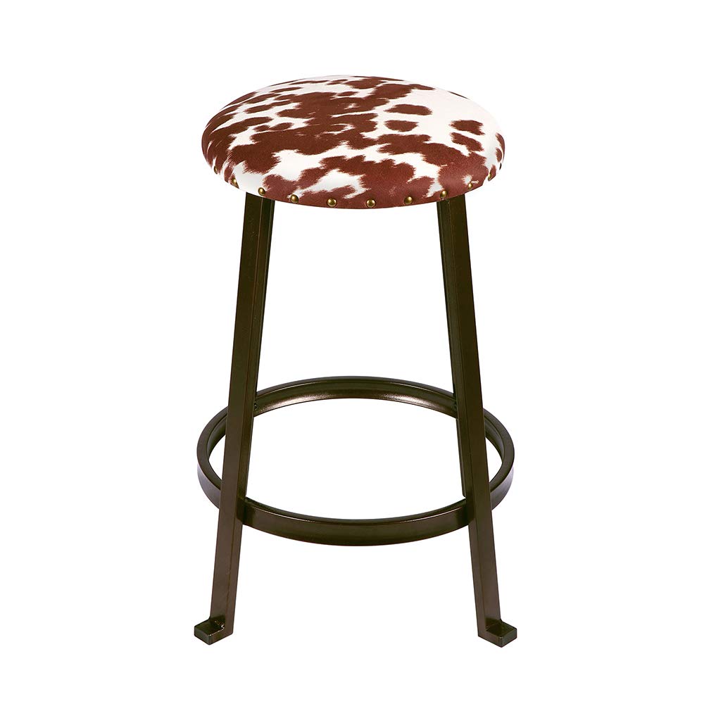 GIA 24-Inch Counter Height Round Metal Bar Stools with Shorthorn Cowhide Print Linen Upholstery, Bronze, Set of 2