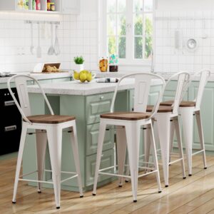 yongqiang 24" metal bar stools set of 4 kitchen counter height bar chairs high back farmhouse barstools with large wooden seat cream white