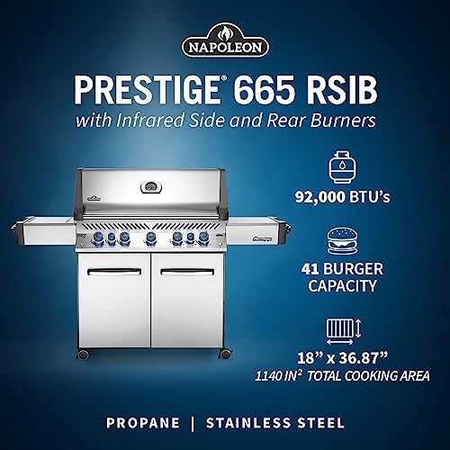 Napoleon P665RSIBPSS Prestige RSIB Propane Gas Grill, 665 sq. in + Infrared Side and Rear Burner, Stainless Steel