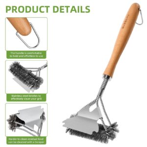 SUBEKYU Grill Brush for Outdoor Grill, 15.3'' BBQ Grill Scraper Cleaning Brush for Outdoor Grill, Safe Stainless Steel Grill Cleaner Scrubber with Scraper, Beech Wood Handle, 1Pack