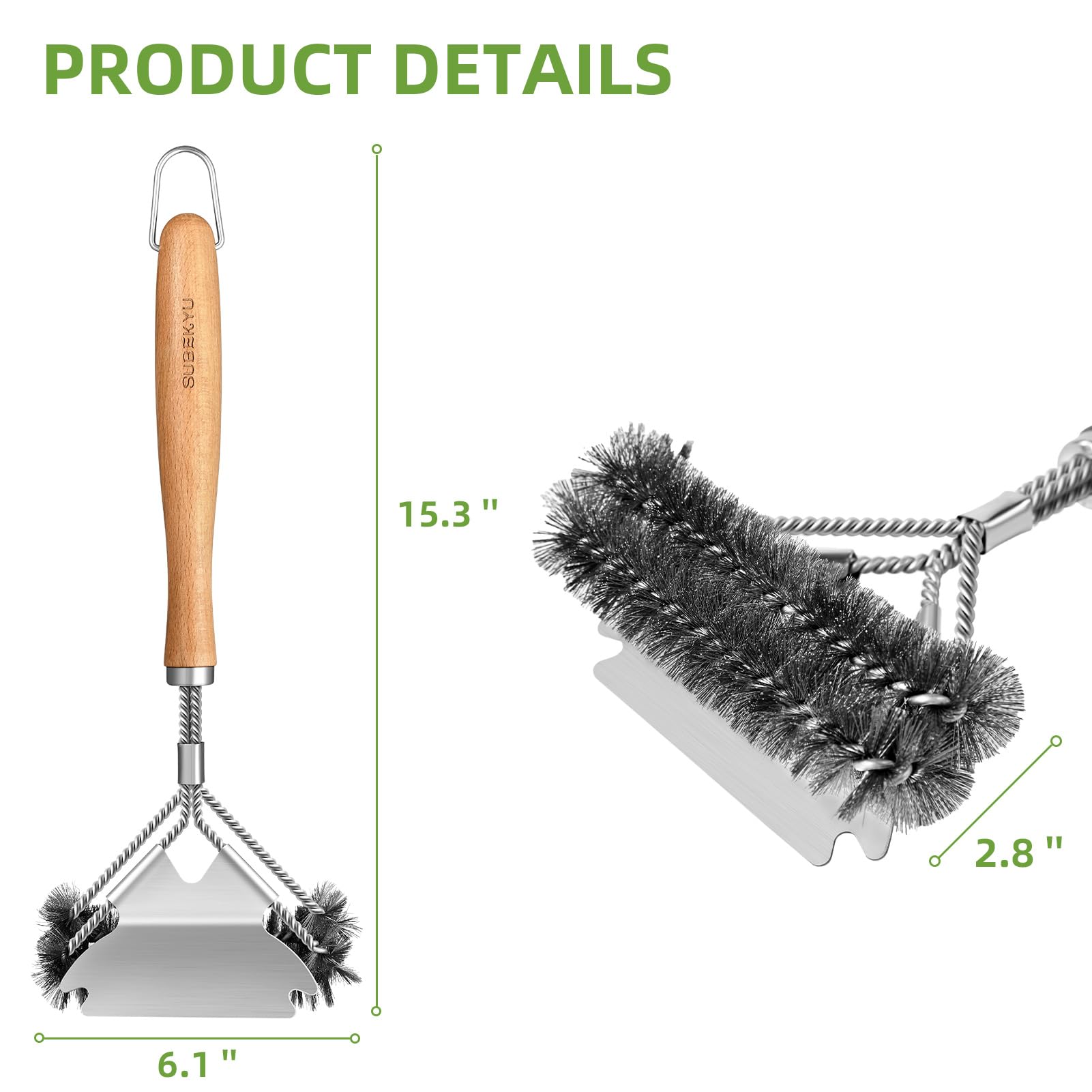 SUBEKYU Grill Brush for Outdoor Grill, 15.3'' BBQ Grill Scraper Cleaning Brush for Outdoor Grill, Safe Stainless Steel Grill Cleaner Scrubber with Scraper, Beech Wood Handle, 1Pack