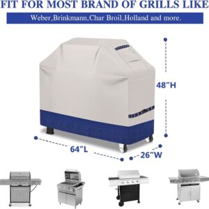 CUSSIOU Grill Cover BBQ Grill Cover 600D Waterproof Heavy Duty Gas Grill Cover, UV & Dust & Rip-Proof, Barbecue Grill Covers for Weber, Brinkmann, Char Broil Grills (64" L x 26" W x 48" H Fog/Navy)