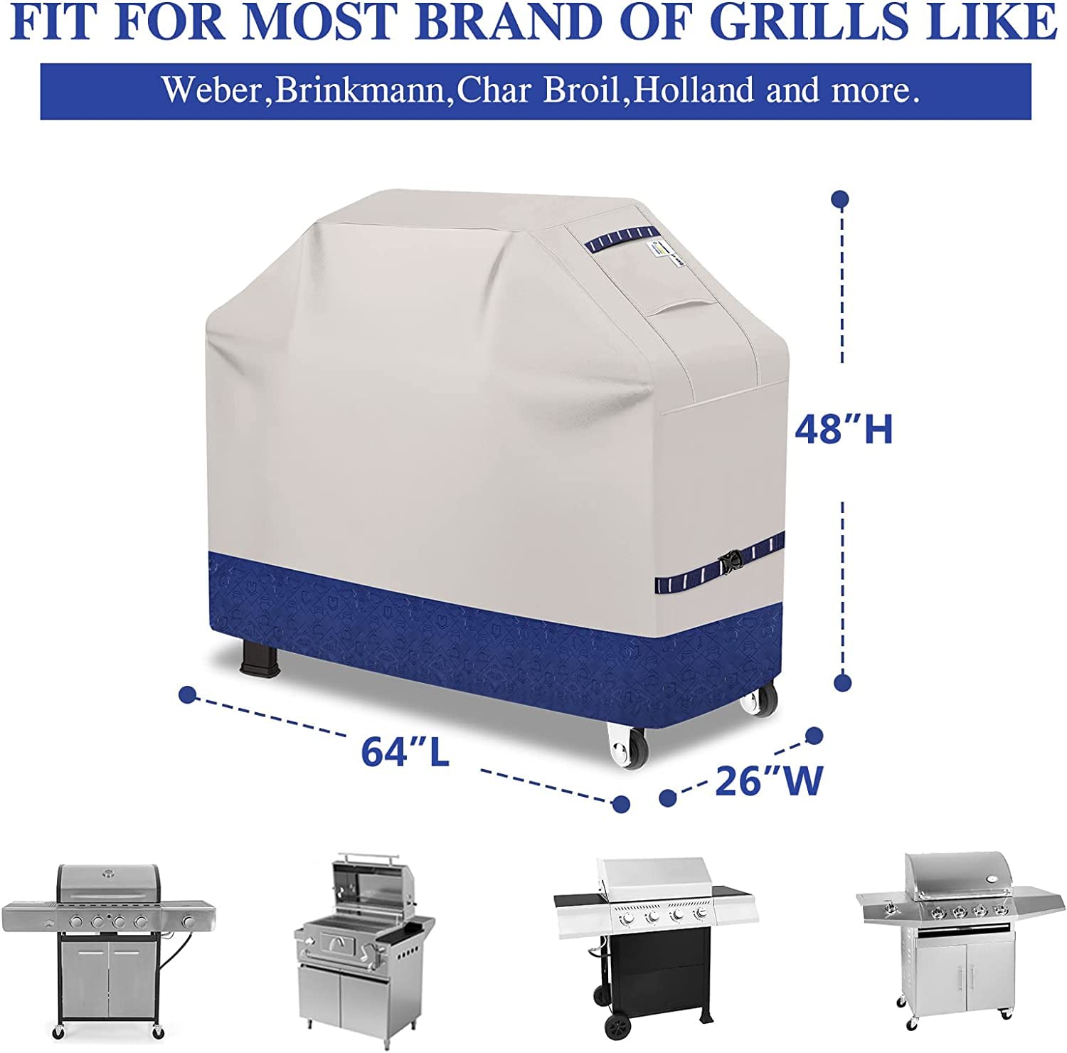 CUSSIOU Grill Cover BBQ Grill Cover 600D Waterproof Heavy Duty Gas Grill Cover, UV & Dust & Rip-Proof, Barbecue Grill Covers for Weber, Brinkmann, Char Broil Grills (64" L x 26" W x 48" H Fog/Navy)