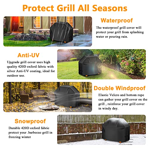 Aoretic Grill Cover, 44inch BBQ Gas Grill Cover for Outdoor Grill, Charbroil Grill Cover Barbecue Waterproof, Anti-UV with Hook-and-Loop and Hem Rope for Weber Char-Broil Monument, Dyna-glo Nexgrill