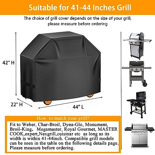 Aoretic Grill Cover, 44inch BBQ Gas Grill Cover for Outdoor Grill, Charbroil Grill Cover Barbecue Waterproof, Anti-UV with Hook-and-Loop and Hem Rope for Weber Char-Broil Monument, Dyna-glo Nexgrill