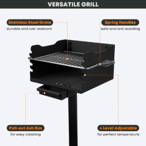 Stanbroil Park-Style Charcoal Grill, Heavy Duty Steel Outdoor BBQ Park Grill with Stainless Steel Cooking Grate and Post for Backyard or Camping, Black