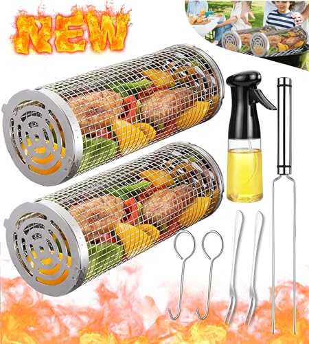 Rolling Grilling Baskets for Outdoor Grill Bbq Net Tube Stainless Steel Large Round Mesh Barbecue Cylinder Cage Cooking Accessories for Veggies Vegetable Fish Camping, Gift for Men Dad Husband Him Father Papa Best Friend New Home Hoursewarming House