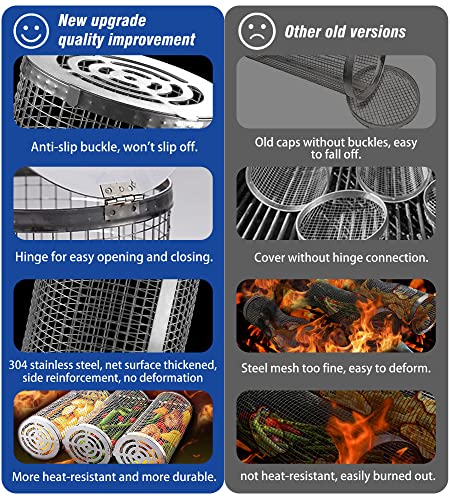 Rolling Grilling Baskets for Outdoor Grill Bbq Net Tube Stainless Steel Large Round Mesh Barbecue Cylinder Cage Cooking Accessories for Veggies Vegetable Fish Camping, Gift for Men Dad Husband Him Father Papa Best Friend New Home Hoursewarming House