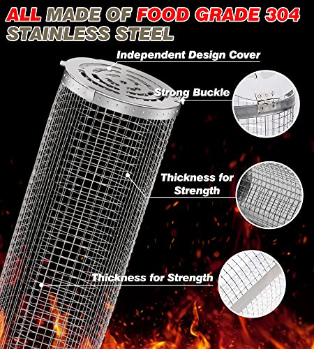 Rolling Grilling Baskets for Outdoor Grill Bbq Net Tube Stainless Steel Large Round Mesh Barbecue Cylinder Cage Cooking Accessories for Veggies Vegetable Fish Camping, Gift for Men Dad Husband Him Father Papa Best Friend New Home Hoursewarming House