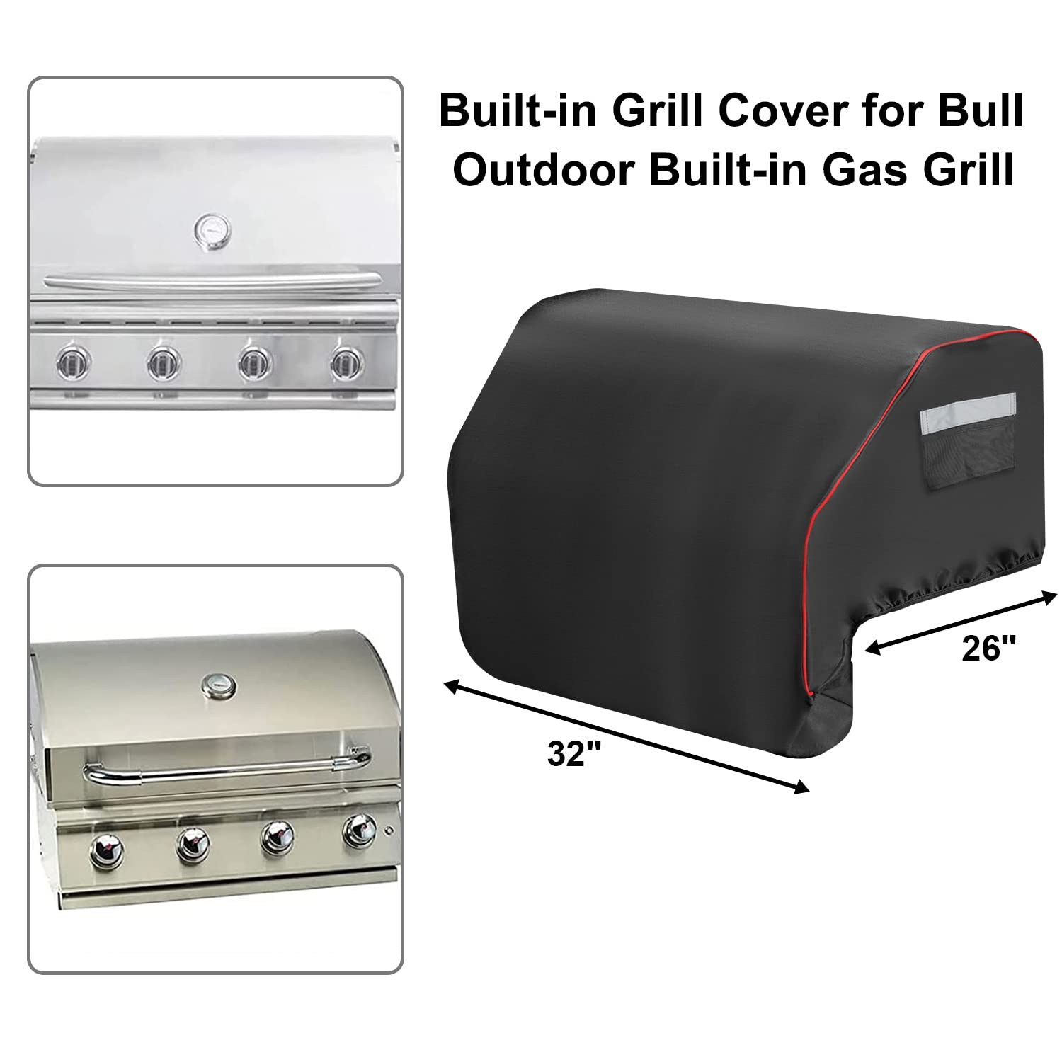 32inch Built-in Grill Cover for Bull 45005 Built in Gas Grill, Bull Outdoor Kitchen & Grill Head Cover, Heavy Duty Waterproof BBQ Grill Top Cover with Handle and Elastic Hem for Bull Lonestar 4 Burner