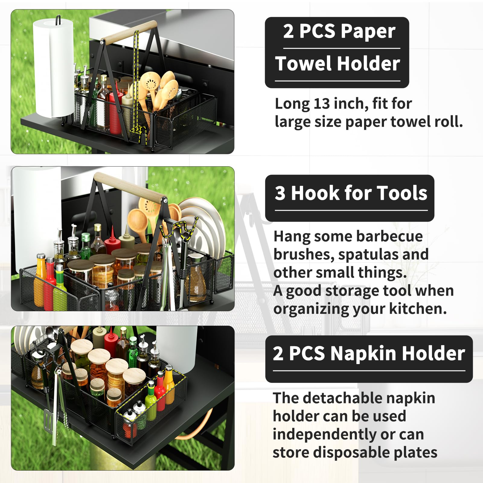 OOKUU Large Grill Caddy, BBQ Caddy with 2 PCS Paper Towel Holder, Picnic Condiment Utensil Caddy for Outdoor Camping, Barbecue Accessories Storage Organizer for Griddle Grilling Tool,Camper Must Haves