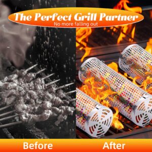 Grill Basket - Outdoor Rolling BBQ Basket - 2 Pcs Stainless Steel Grill Mesh, Rolling Grill Baskets for Outdoor Grill, Portable Grill Accessories for Outdoor Grill - Grilling Gifts for Men Dad Husband Him