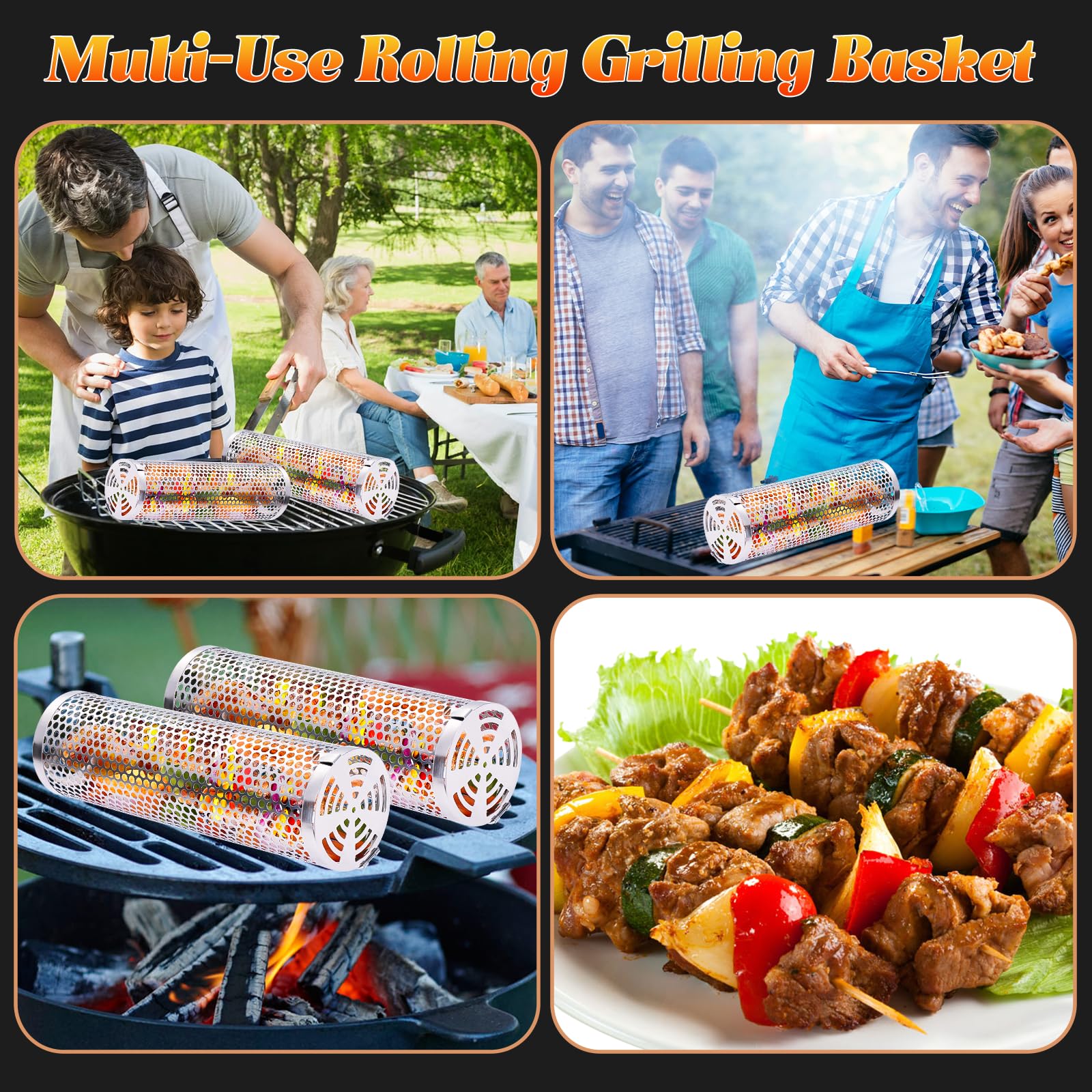 Grill Basket - Outdoor Rolling BBQ Basket - 2 Pcs Stainless Steel Grill Mesh, Rolling Grill Baskets for Outdoor Grill, Portable Grill Accessories for Outdoor Grill - Grilling Gifts for Men Dad Husband Him