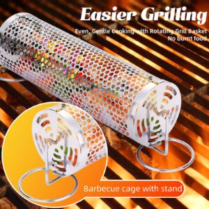 Grill Basket - Outdoor Rolling BBQ Basket - 2 Pcs Stainless Steel Grill Mesh, Rolling Grill Baskets for Outdoor Grill, Portable Grill Accessories for Outdoor Grill - Grilling Gifts for Men Dad Husband Him