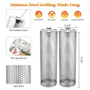 Grill Basket - Outdoor Rolling BBQ Basket - 2 Pcs Stainless Steel Grill Mesh, Rolling Grill Baskets for Outdoor Grill, Portable Grill Accessories for Outdoor Grill - Grilling Gifts for Men Dad Husband Him