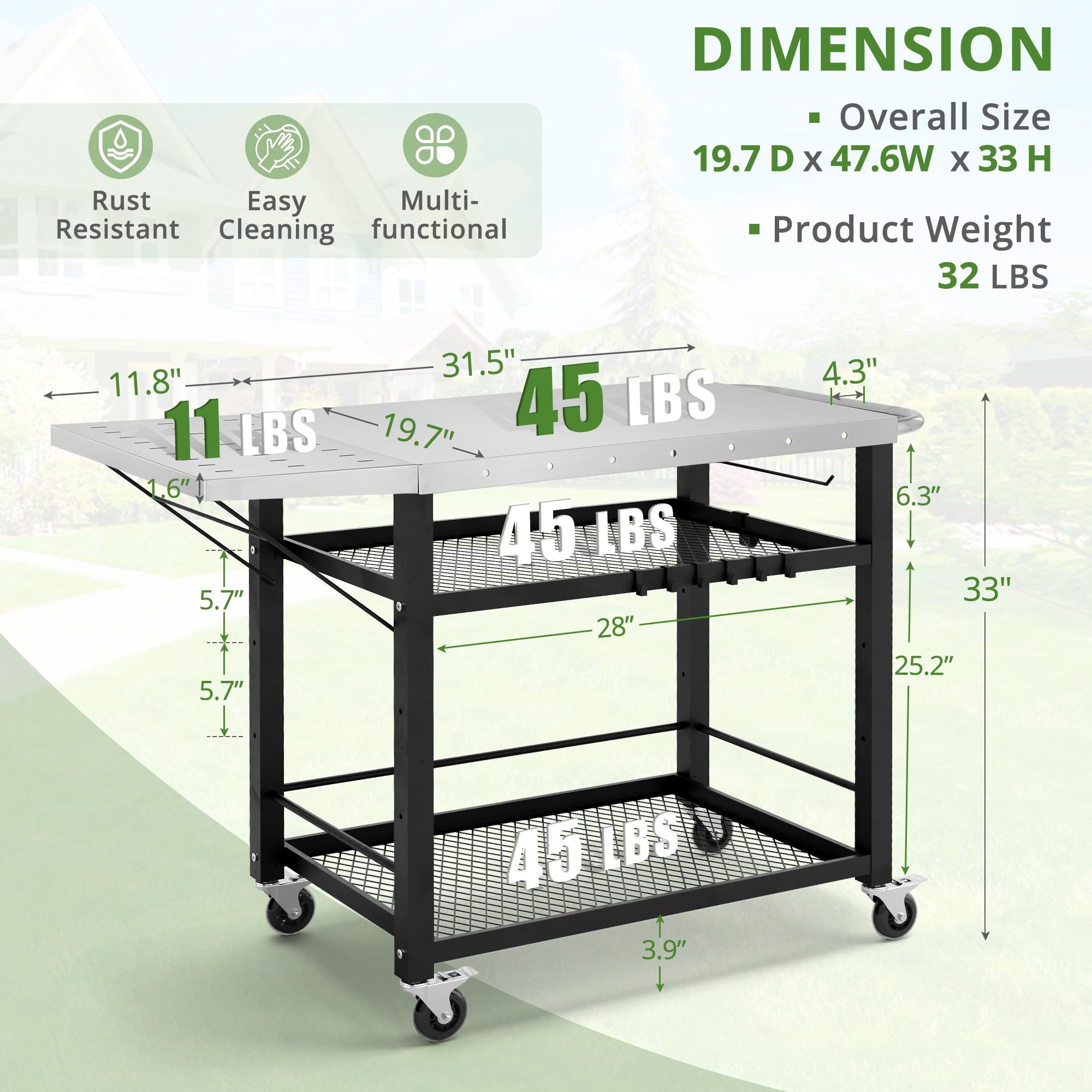 LUE BONA 43.3" W x 19.7" D Outdoor Grill Cart Table with Foldable Side Table, Movable Pizza Oven Stand for Outside Patio, Three-Shelf Stainless Steel Flattop Outdoor Cooking Prep Table with Wheels