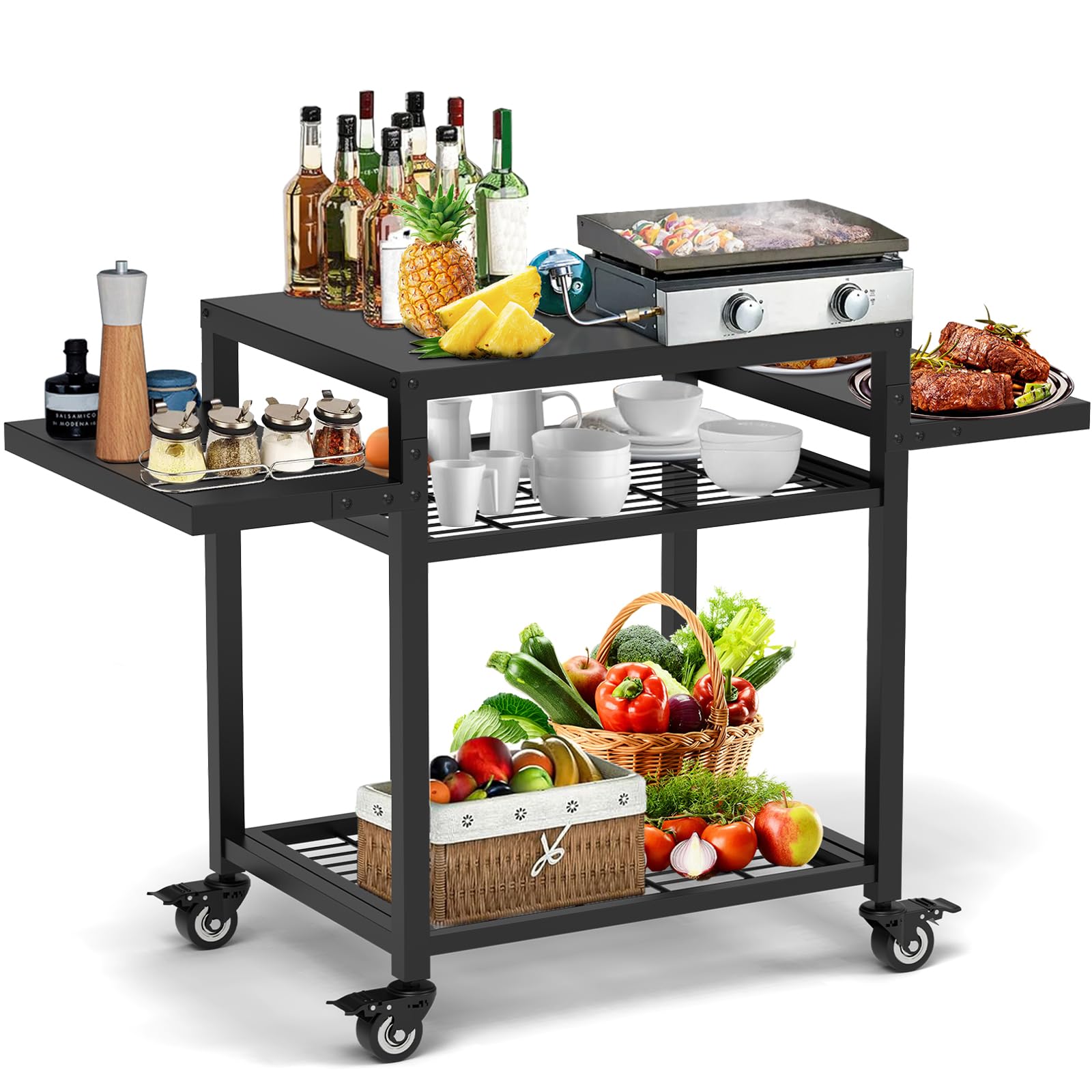 RAXSINYER 42"x 20" Three-Shelf Grill Table Grill Cart Outdoor BBQ and Work Cart Table Movable Pizza Oven Table Commercial Multifunctional Kitchen Food Prep Worktable