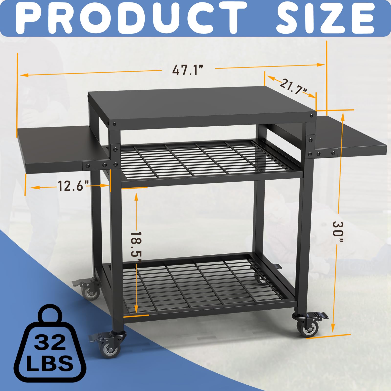 RAXSINYER 42"x 20" Three-Shelf Grill Table Grill Cart Outdoor BBQ and Work Cart Table Movable Pizza Oven Table Commercial Multifunctional Kitchen Food Prep Worktable