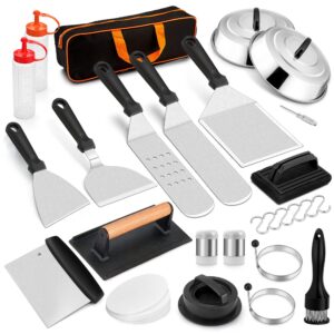 Griddle Accessories Kit, Leonyo 21Pcs BBQ Flat Top Grill Accessories Outdoor, Camping Stainless Steel Metal Spatulas Tool Set with 12" Basting Cover, Bacon Press, Burger Patty Maker, Meat Tenderizer