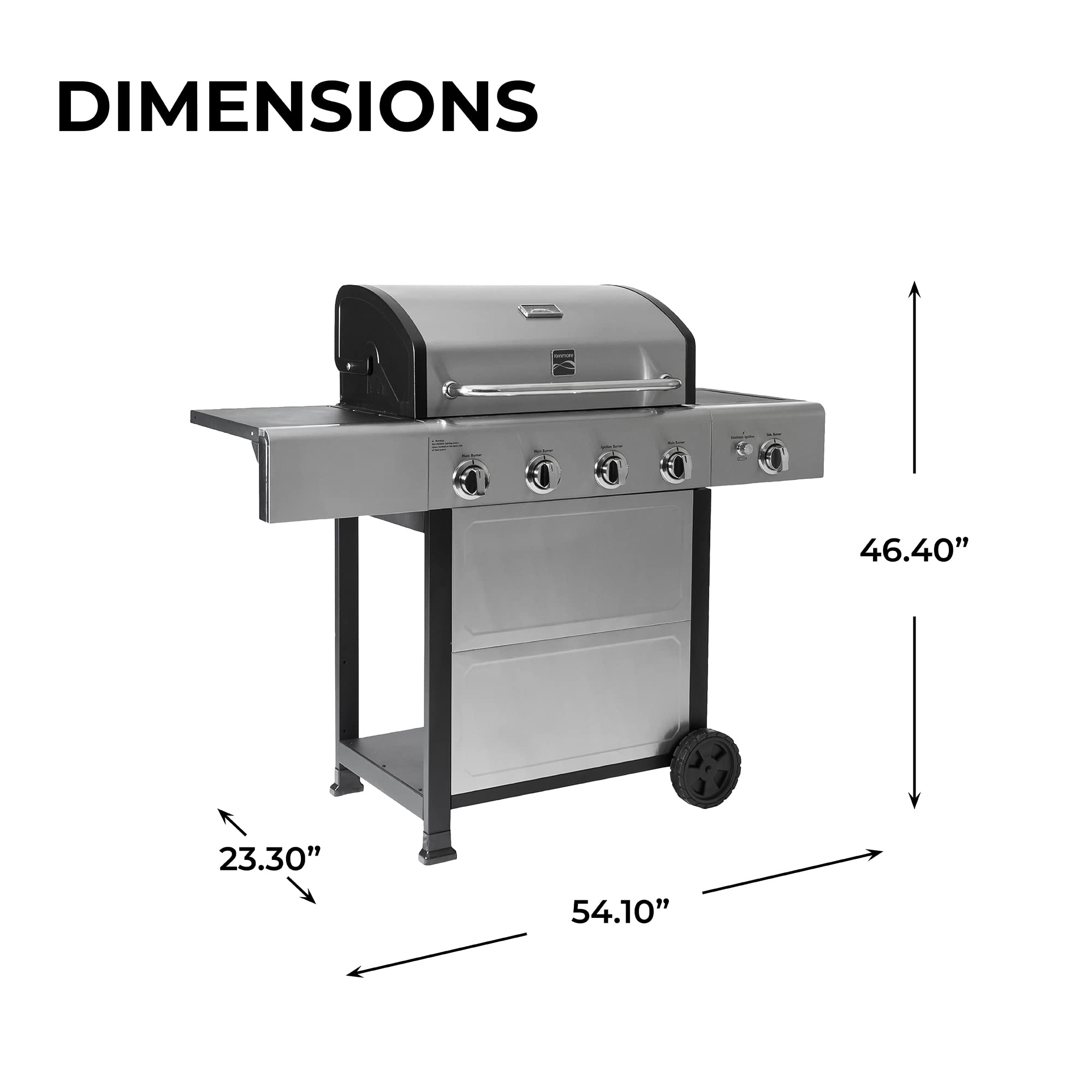 Kenmore 4-Burner Gas Grill with Side Burner, Outdoor BBQ Grill, Propane Gas Grill, Cast Iron Cooking Grates, Electronic Ignition, Warming Rack, Open Cart Design, 53000 BTUs, Stainless Steel