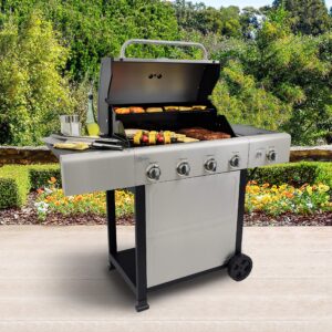 Kenmore 4-Burner Gas Grill with Side Burner, Outdoor BBQ Grill, Propane Gas Grill, Cast Iron Cooking Grates, Electronic Ignition, Warming Rack, Open Cart Design, 53000 BTUs, Stainless Steel