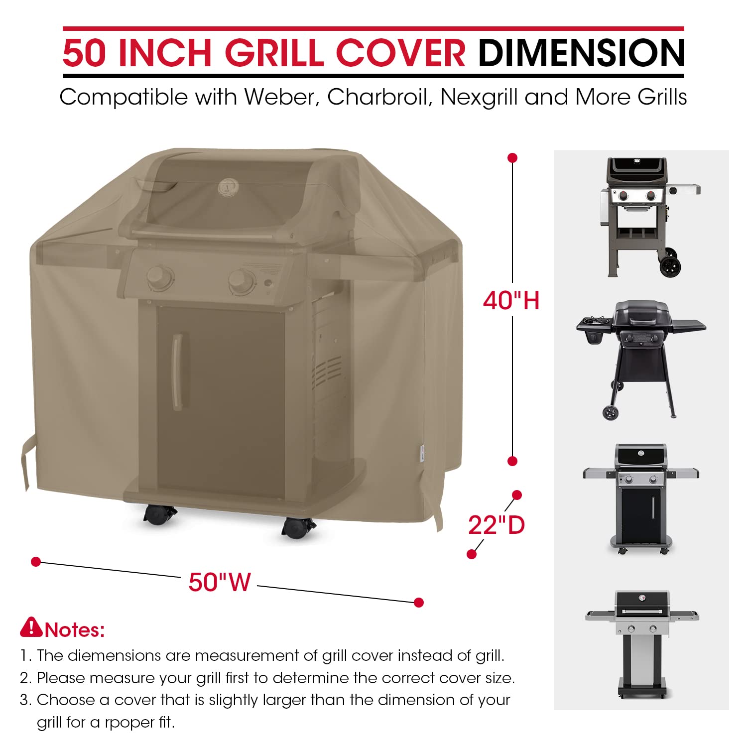 Unicook 50 Inch Grill Cover for Weber Charbroil Nexgrill etc, BBQ Grill Cover for Outdoor Grill, Heavy Duty Waterproof BBQ Cover with Sealed Seam, Fade Resistant Barbecue Cover, Neutral Taupe