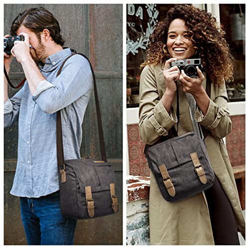 S-ZONE Waterproof Camera Bags for DSLR Canon Canvas Vintage Shoulder Women Men Camera Messenger Bag Leather Trim(Grey)