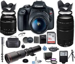 canon eos rebel 2000d dslr camera with 18-55mm is ii lens bundle + canon ef 75-300mm f/4-5.6 iii lens and 500mm preset lens + 32gb memory + filters + monopod + top knotch cloth (renewed)