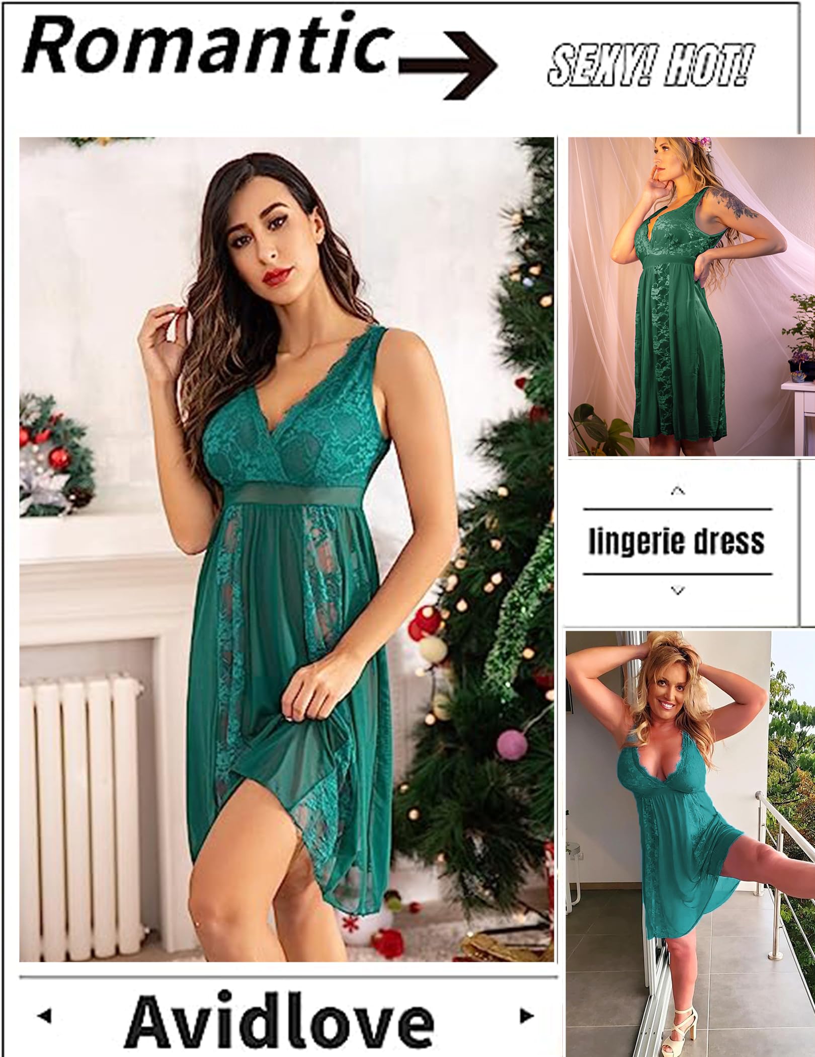 Avidlove Sexy Lingerie for Women Sheer Lace Nightgowns Bridal Babydoll Nightwear Dark Green, XXL