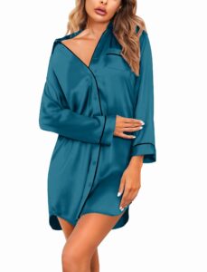 ekouaer women's boyfriend style satin sleep shirts deep green