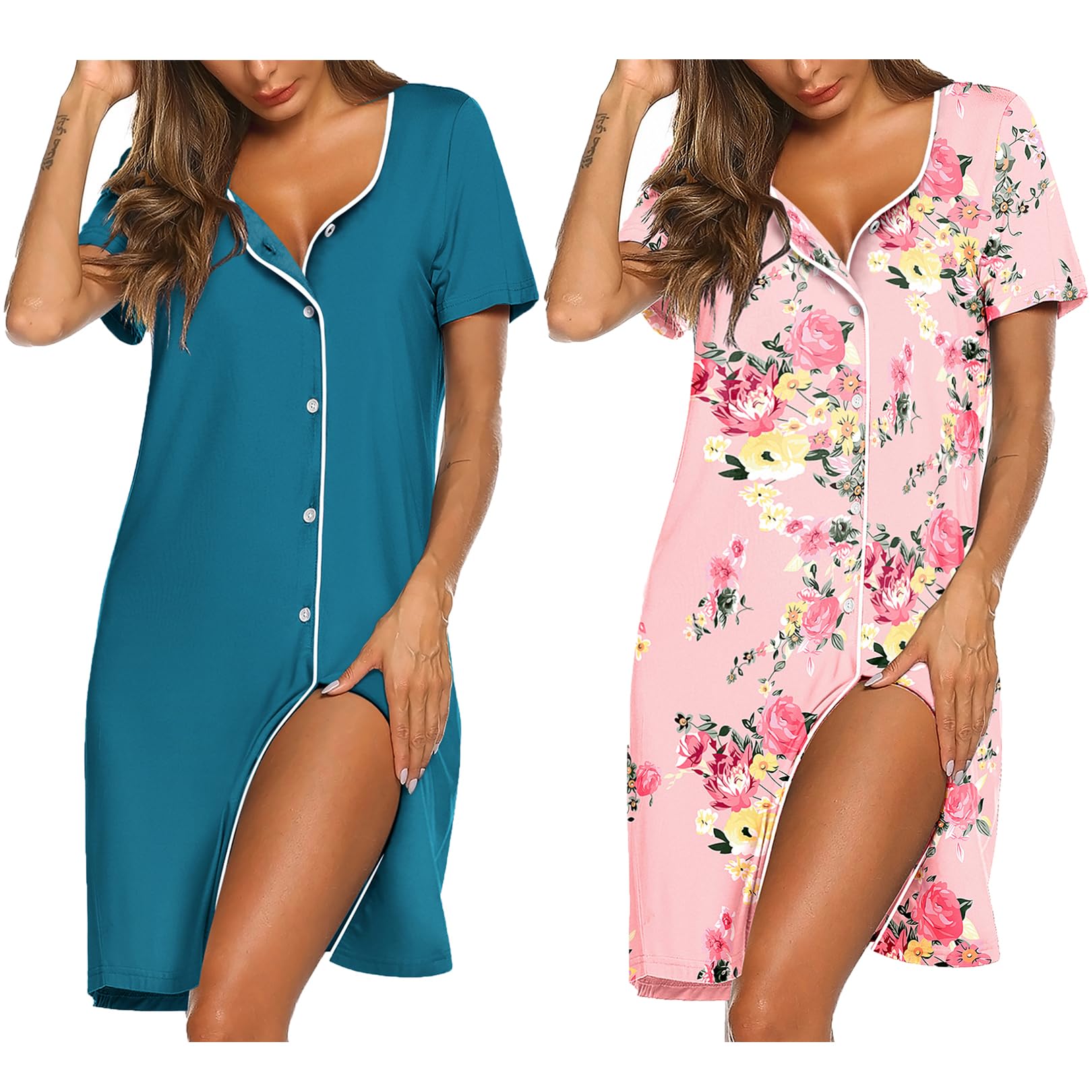 Ekouaer Nightgowns for Women 2 Pack Button Down Sleepshirt Short Sleeve Nightshirt Soft Sleepwear V Neck Pajama Dress Blue Green/Pink Floral L