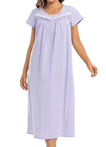 QRRLUEN Women's Nightgown Short Sleeve Cotton Mid Length Sleepwear Soft Comfy Button Loungewear Night Dress lilac colour