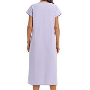 QRRLUEN Women's Nightgown Short Sleeve Cotton Mid Length Sleepwear Soft Comfy Button Loungewear Night Dress lilac colour