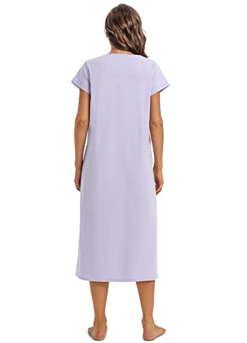 QRRLUEN Women's Nightgown Short Sleeve Cotton Mid Length Sleepwear Soft Comfy Button Loungewear Night Dress lilac colour