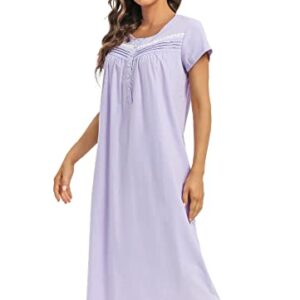 QRRLUEN Women's Nightgown Short Sleeve Cotton Mid Length Sleepwear Soft Comfy Button Loungewear Night Dress lilac colour