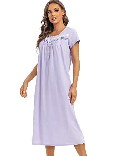 QRRLUEN Women's Nightgown Short Sleeve Cotton Mid Length Sleepwear Soft Comfy Button Loungewear Night Dress lilac colour