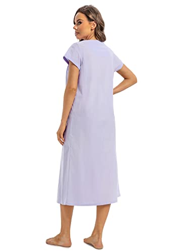 QRRLUEN Women's Nightgown Short Sleeve Cotton Mid Length Sleepwear Soft Comfy Button Loungewear Night Dress lilac colour